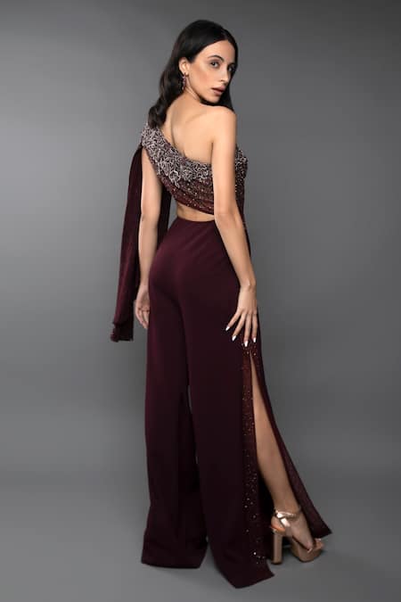Shop_Anjum Qureshi_Wine Double Georgette Embroidery Sequin Asymmetric One Shoulder Jumpsuit _at_Aza_Fashions
