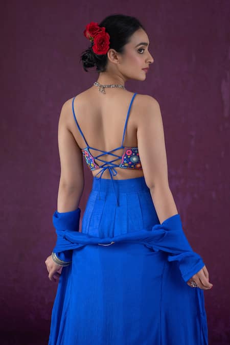 Shop Kacha Tanka Blue Dupion Art Silk Embroidery Threadwork Square Mirror And Crop Top Skirt Set at Aza Fashions Shop_Kacha Tanka_Blue Dupion Art Silk Embroidery Threadwork Square Mirror And Crop Top Skirt Set _at_Aza_Fashions