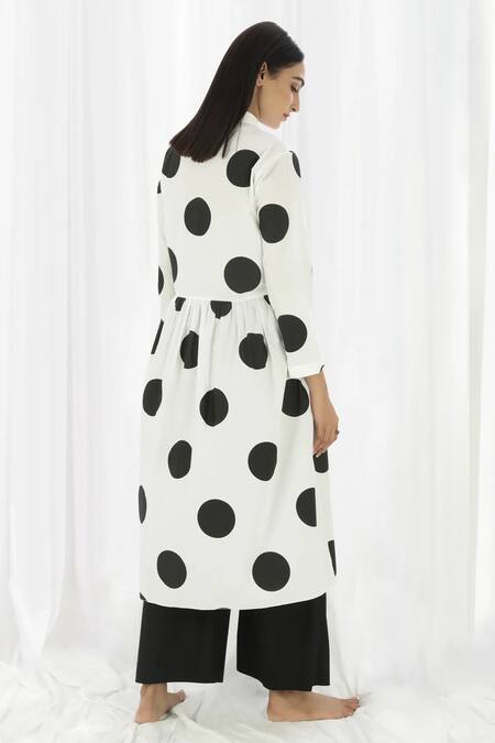 Shop Khat White Poplin, Cotton Bandeau Neck Polka Pattern Pleated Kurta And Pant Set at Aza Fashions Shop_Khat_White Poplin, Cotton Bandeau Neck Polka Pattern Pleated Kurta And Pant Set _at_Aza_Fashions