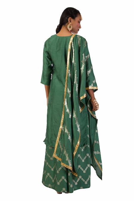 Shop Meghna Shah Green Denim, Silk Beads, Stones Round Printed Palazzo Set With Embroidered Kurta at Aza Fashions Shop_Meghna Shah_Green Denim, Silk Beads, Stones Round Printed Palazzo Set With Embroidered Kurta _at_Aza_Fashions