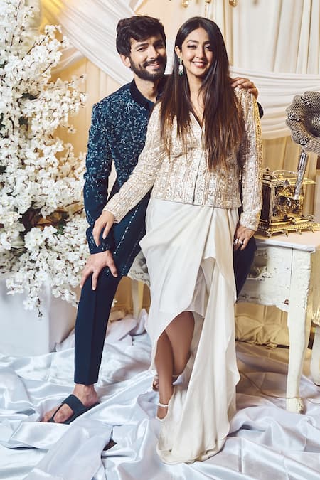 Shop Varun Chakkilam White Satin, Silk Organza Beads, Embroidery Blazer And Draped Skirt Set at Aza Fashions Shop_Varun Chakkilam_White Satin, Silk Organza Beads, Embroidery Blazer And Draped Skirt Set _at_Aza_Fashions