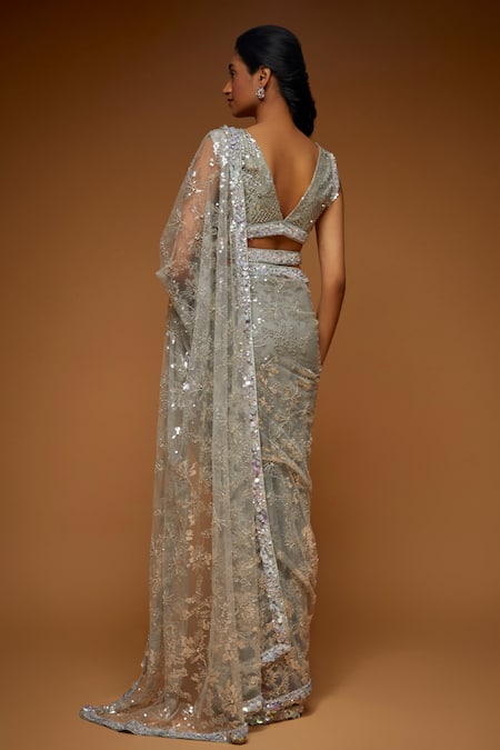 Neeta Lulla Grey Tulle Embroidery Crystals V Neck Vesper Sheer Saree With Blouse  2