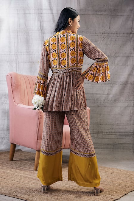 Shop Soup By Sougat Paul Multi Color Crepe Embroidery Mandarin Multicolor Printed Peplum Kurta And Pant Set at Aza Fashions Shop_Soup By Sougat Paul_Multi Color Crepe Embroidery Mandarin Multicolor Printed Peplum Kurta And Pant Set _at_Aza_Fashions