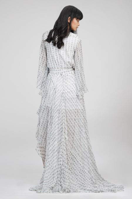 Shop Shruti S White Georgette Shawl Neck Hand Painted Wrap Dress at Aza Fashions Shop_Shruti S_White Georgette Shawl Neck Hand Painted Wrap Dress _at_Aza_Fashions