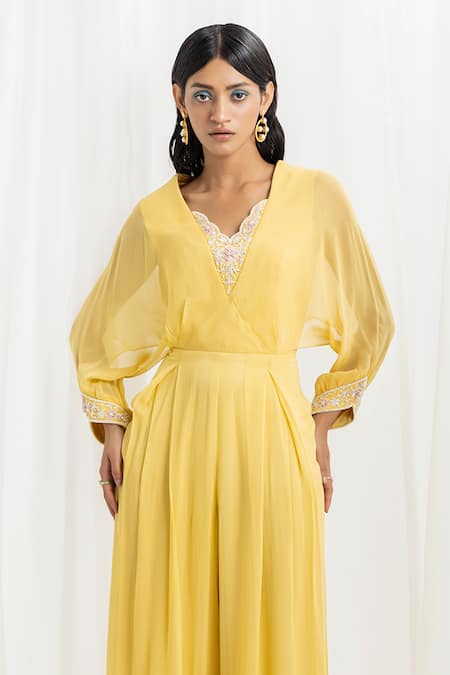 Shop Seema Thukral Yellow Georgette, Satin Zari, Crystals, Placement Hand Embroidered Jumpsuit at Aza Fashions Shop_Seema Thukral_Yellow Georgette, Satin Zari, Crystals, Placement Hand Embroidered Jumpsuit _at_Aza_Fashions