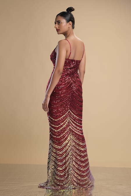 Shop Kommal Sood Maroon Lycra Stretch Net Work Graphic Pattern Spaghetti Gown at Aza Fashions Shop_Kommal Sood_Maroon Lycra Stretch Net Work Graphic Pattern Spaghetti Gown _at_Aza_Fashions