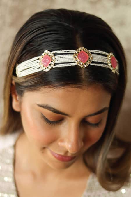 Shop Hair Drama CO Gold Polkis Floral Enamelled And Studded Hair Band at Aza Fashions Shop_Hair Drama CO_Gold Polkis Floral Enamelled And Studded Hair Band _at_Aza_Fashions