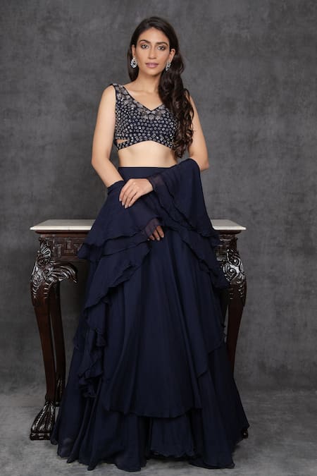 Sunita Bhandari Layered Lehenga Set With Ruffle Dupatta 
