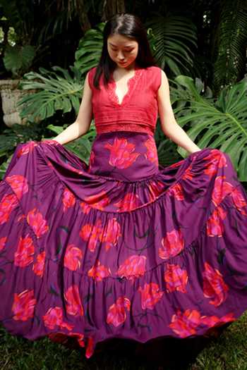 Shop Baju Purple Chanderi Cotton Silk Floral Printed Maxi Skirt at Aza Fashions Shop_Baju_Purple Chanderi Cotton Silk Floral Printed Maxi Skirt_at_Aza_Fashions