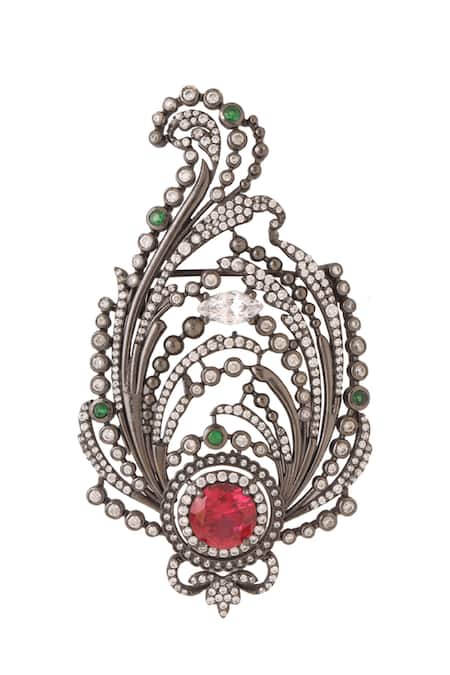 Shop Cosa Nostraa Black Stones Paisley Embellished Brooch at Aza Fashions Shop_Cosa Nostraa_Black Stones Paisley Embellished Brooch _at_Aza_Fashions