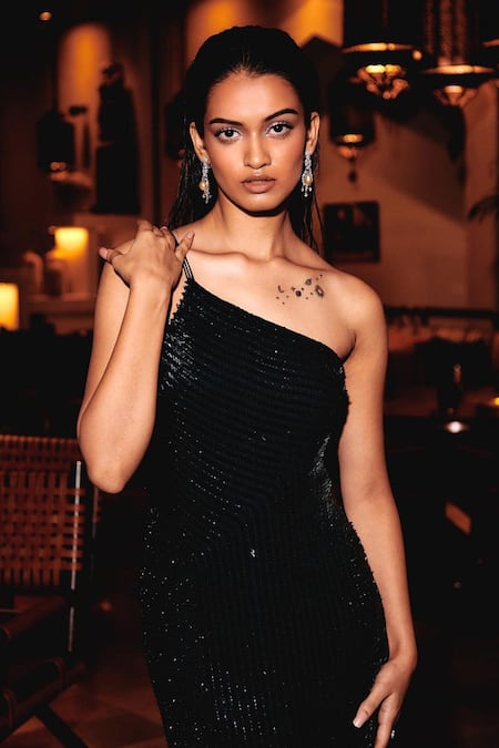 Shop_Rohit Gandhi + Rahul Khanna_Black Viscose Crepe Embellished Arrow Sequins One Shoulder Fully Dress _at_Aza_Fashions