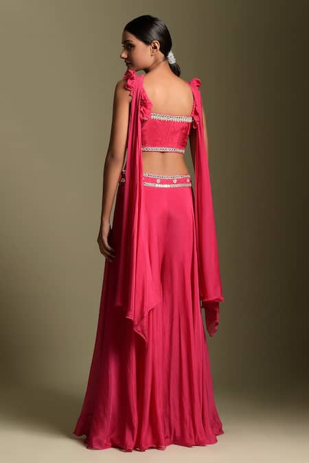 Shop Two Sisters By Gyans Fuchsia Chiffon, Bustier Crepe Sequin And Mirror Embroidered Flared Pant Set at Aza Fashions Shop_Two Sisters By Gyans_Fuchsia Chiffon, Bustier Crepe Sequin And Mirror Embroidered Flared Pant Set _at_Aza_Fashions