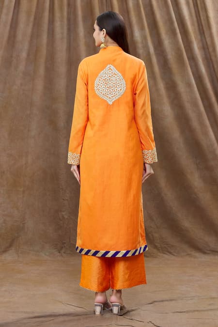 Shop Aiman Orange Chanderi Cut Work, Embroidery, Tassels Panelled Kurta Palazzo Set at Aza Fashions Shop_Aiman_Orange Chanderi Cut Work, Embroidery, Tassels Panelled Kurta Palazzo Set_at_Aza_Fashions