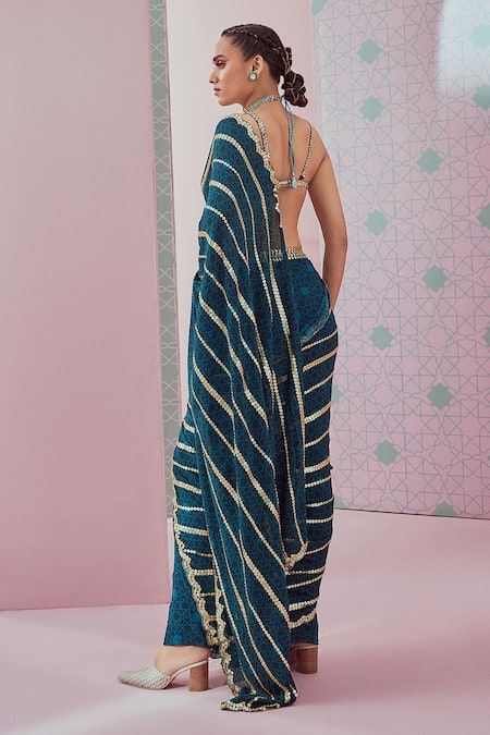 Shop_Krisha Sunny Ramani_Green Georgette Sequins Geometric Print And Embroidered Saree With Blouse _at_Aza_Fashions