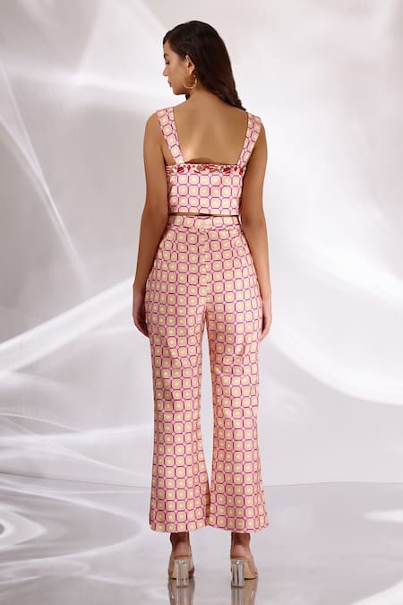 Shop Betrue Pink Silk Embroidery Geometric And Floral Print Flared Pant at Aza Fashions Shop_Betrue_Pink Silk Embroidery Geometric And Floral Print Flared Pant _at_Aza_Fashions