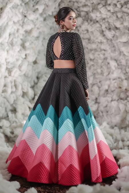 Shop Negra Elegante Black Organza, Silk Modal Sequin Round Hand Embellished Skirt With Blouse at Aza Fashions Shop_Negra Elegante_Black Organza, Silk Modal Sequin Round Hand Embellished Skirt With Blouse_at_Aza_Fashions