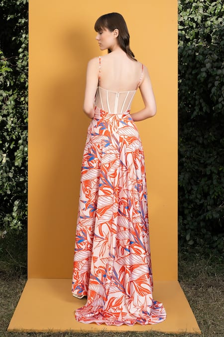 Mandira Wirk Resort Orange Satin Willow Print Sweetheart Neck Strappy Dress Online at Aza Fashions Mandira Wirk Resort_Orange Satin Willow Print Sweetheart Neck Strappy Dress _Online_at_Aza_Fashions
