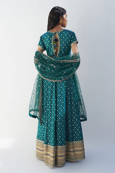 Shop Nadima Saqib Green Chanderi, Jacquard Mirrors, Embroidery V-neck Resham And Anarkali at Aza Fashions Shop_Nadima Saqib_Green Chanderi, Jacquard Mirrors, Embroidery V-neck Resham And Anarkali _at_Aza_Fashions