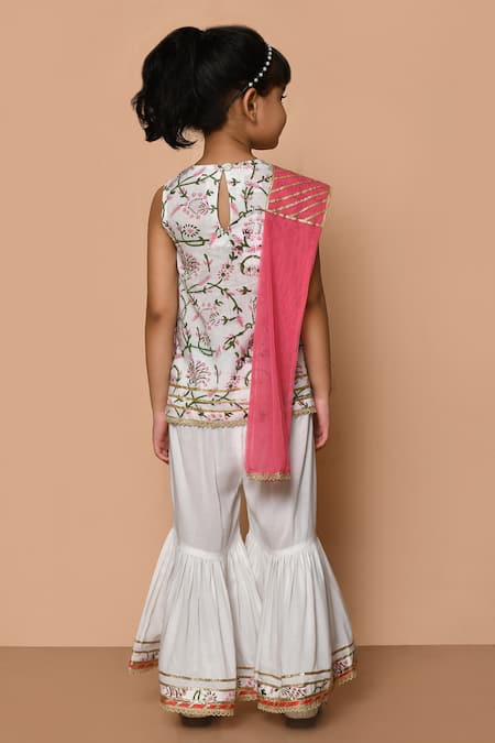 Shop_Pankhuri By Priyanka_White Modal, Cotton Embroidery, Lace, Gota Sleeveless Printed Kurta Gharara Set _at_Aza_Fashions