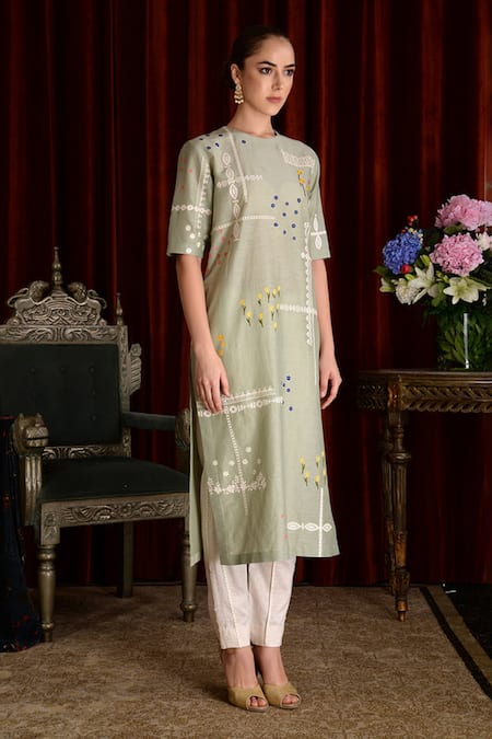 Shop Sahil Kochhar Green Cotton Silk Embroidery Floral Round Neck Tanha Tunic at Aza Fashions Shop_Sahil Kochhar_Green Cotton Silk Embroidery Floral Round Neck Tanha Tunic _at_Aza_Fashions