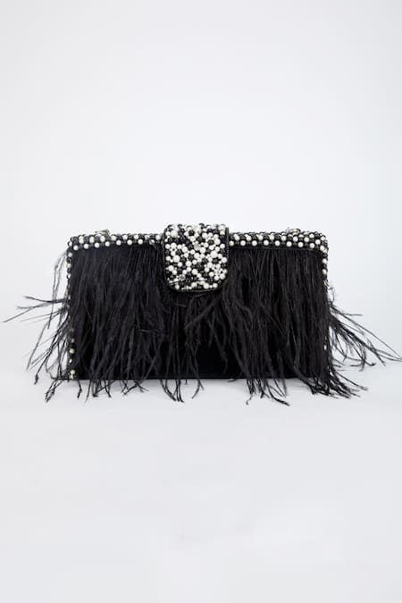 Shop Eena Black Feather And Crystal Embellished Clutch at Aza Fashions Shop_Eena_Black Feather And Crystal Embellished Clutch _at_Aza_Fashions