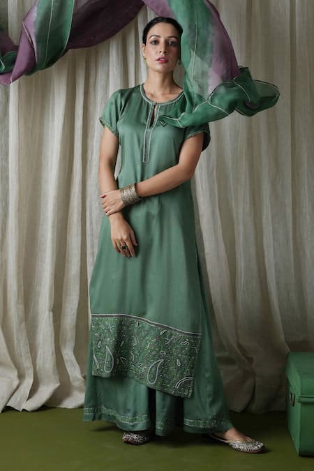 Shop Kanika Sharma Green Modal, Organza, Georgette Embroidery Round Neck Hem Kurta Palazzo Set at Aza Fashions Shop_Kanika Sharma_Green Modal, Organza, Georgette Embroidery Round Neck Hem Kurta Palazzo Set _at_Aza_Fashions