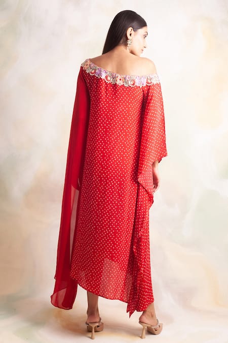 Palak & Mehak Bandhani Print Off Shoulder Dress 
