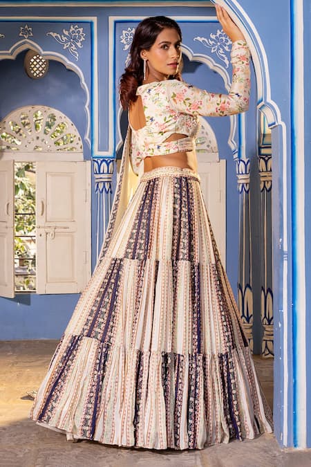 Shop_Suruchi Parakh_White Georgette, Crepe Pearls, Beads, Floral Pattern Multi Panelled Lehenga Set _at_Aza_Fashions