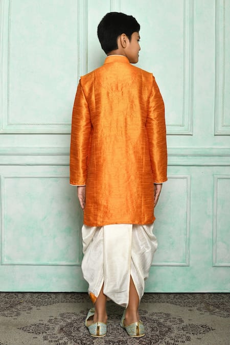 Shop Petite Pomme Orange , Satin Solid Kurta And Cream Dhoti Pant Set at Aza Fashions Shop_Petite Pomme_Orange , Satin Solid Kurta And Cream Dhoti Pant Set _at_Aza_Fashions