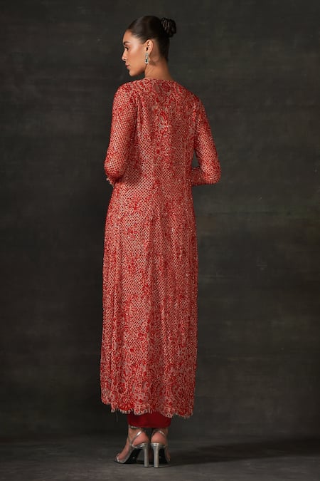 Shop House of Exotique Red Chiffon, Lace, Silk, Satin Embroidery Jacket And Draped Lungi Skirt Set at Aza Fashions Shop_House of Exotique_Red Chiffon, Lace, Silk, Satin Embroidery Jacket And Draped Lungi Skirt Set _at_Aza_Fashions