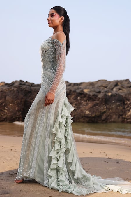 Bhawna Rao Embroidered Gown With Ruffle Trail 