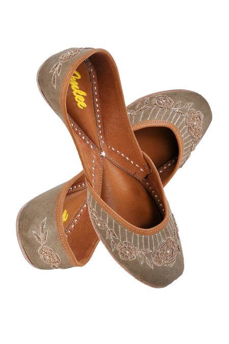 Imlee Jaipur Olive Suede Zardosi Embroidered Juttis 