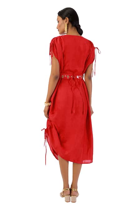 Shop Meghna Shah Red Silk Beads, Stones V-neck Hand Embroidered Draped Cowl Dress at Aza Fashions Shop_Meghna Shah_Red Silk Beads, Stones V-neck Hand Embroidered Draped Cowl Dress _at_Aza_Fashions