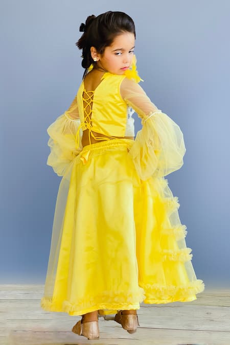 Shop Pinkcow designs pvt ltd Yellow Net, Crepe, Brocade Pearls, Feathers Embellished Top And Frill Lehenga Set at Aza Fashions Shop_Pinkcow designs pvt ltd_Yellow Net, Crepe, Brocade Pearls, Feathers Embellished Top And Frill Lehenga Set _at_Aza_Fashions