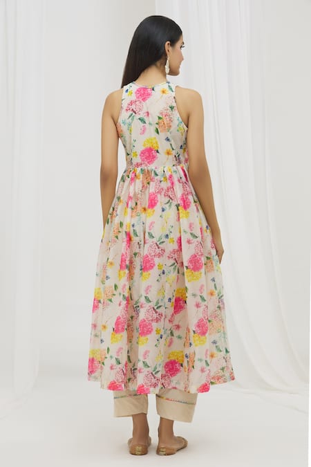 Shop Yuvraani Jaipur Multi Color Chanderi, Cotton, Organza Floral Pattern Gathered Anarkali Set at Aza Fashions Shop_Yuvraani Jaipur_Multi Color Chanderi, Cotton, Organza Floral Pattern Gathered Anarkali Set _at_Aza_Fashions