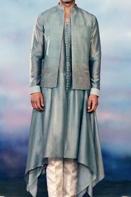 Shop Rohit Gandhi + Rahul Khanna Blue Viscose, Chanderi Beads Embellished Bundi And Kurta Set at Aza Fashions Shop_Rohit Gandhi + Rahul Khanna_Blue Viscose, Chanderi Beads Embellished Bundi And Kurta Set _at_Aza_Fashions