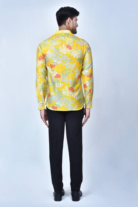 Shop Arihant Rai Sinha Yellow Cotton Printed Floral And Leaf Shirt at Aza Fashions Shop_Arihant Rai Sinha_Yellow Cotton Printed Floral And Leaf Shirt_at_Aza_Fashions