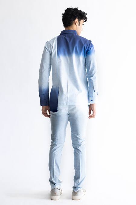 Shop_Kaha_Blue 100% Cotton Slub Solid Ombre-dyed Asymmetrical Shirt_at_Aza_Fashions