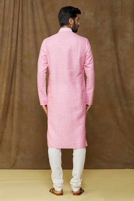 Shop Arihant Rai Sinha Pink Cotton, , Chanderi Embroidery Geometric Print Kurta Set at Aza Fashions Shop_Arihant Rai Sinha_Pink Cotton, , Chanderi Embroidery Geometric Print Kurta Set _at_Aza_Fashions