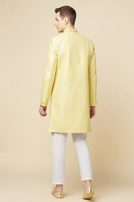 Shop_SPRING BREAK_Yellow Cotton, Polyester Embroidery Sherwani Set _at_Aza_Fashions