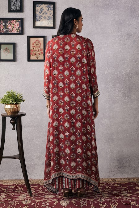 Shop Soup By Sougat Paul Red Chiffon, Crepe Sequins, Tassels, Embroidery Sarouk Jacket And Flared Pant Set at Aza Fashions Shop_Soup By Sougat Paul_Red Chiffon, Crepe Sequins, Tassels, Embroidery Sarouk Jacket And Flared Pant Set _at_Aza_Fashions