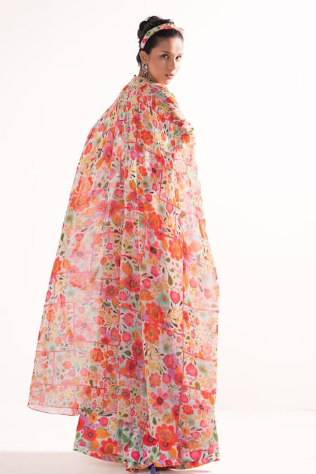 Shop Cedar & Pine Multi Color Organza, Tulle Beads, Embroidery Floral Print Kaftan Flared Pant Set at Aza Fashions Shop_Cedar & Pine_Multi Color Organza, Tulle Beads, Embroidery Floral Print Kaftan Flared Pant Set _at_Aza_Fashions