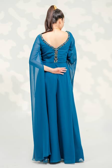 Tamaraa By Tahani_Blue Georgette Crystals V-neck Embroidered Long Cape Sleeve Jumpsuit _Online_at_Aza_Fashions