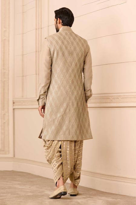 Shop_Tarun Tahiliani_Beige Silk, Brocade Embroidery Textured Sherwani And Dhoti Pant Set _at_Aza_Fashions