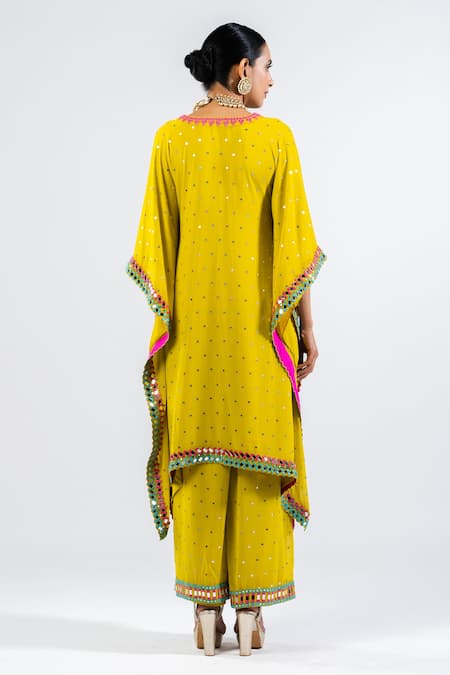 Shop Vvani By Vani Vats Green V-neck Floral Printed Mirror Work Kaftan And Palazzo Set at Aza Fashions Shop_Vvani By Vani Vats_Green V-neck Floral Printed Mirror Work Kaftan And Palazzo Set _at_Aza_Fashions