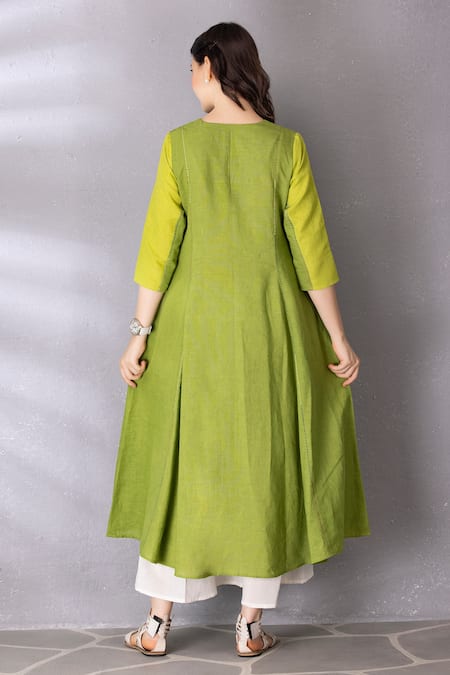 Shop Tanu Malhotra Green Cotton, Linen Embroidery Keyhole Neck Colour Block Tunic And Pant Set at Aza Fashions Shop_Tanu Malhotra_Green Cotton, Linen Embroidery Keyhole Neck Colour Block Tunic And Pant Set _at_Aza_Fashions