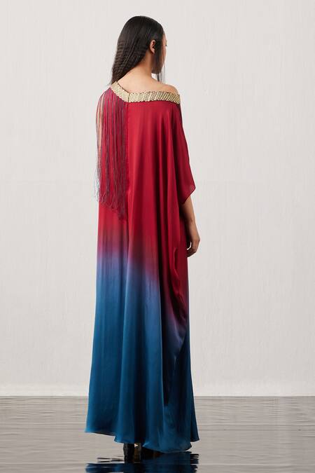 Shop Akhl Red Satin, Viscose, Modal Fringe Asymmetric Gradient Kaftan at Aza Fashions Shop_Akhl_Red Satin, Viscose, Modal Fringe Asymmetric Gradient Kaftan _at_Aza_Fashions