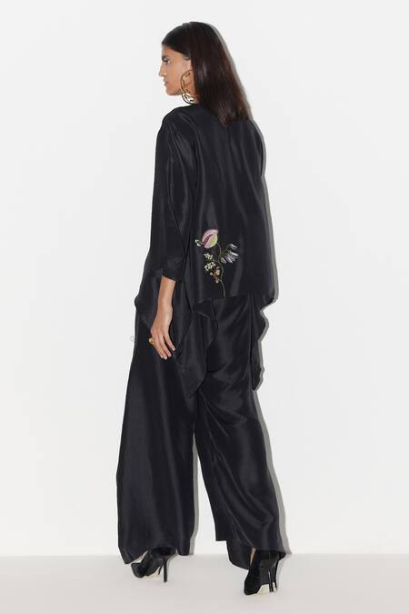Shop_Febo6_Black Silk Embroidery Flower Vine Placement Trouser _at_Aza_Fashions