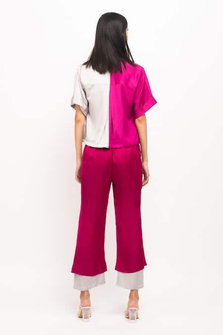 Shop Neora By Nehal Chopra Wine Silk Lace Collared, Sweetheart Neck Colorblock Crop Shirt And Pant Set at Aza Fashions Shop_Neora By Nehal Chopra_Wine Silk Lace Collared, Sweetheart Neck Colorblock Crop Shirt And Pant Set _at_Aza_Fashions