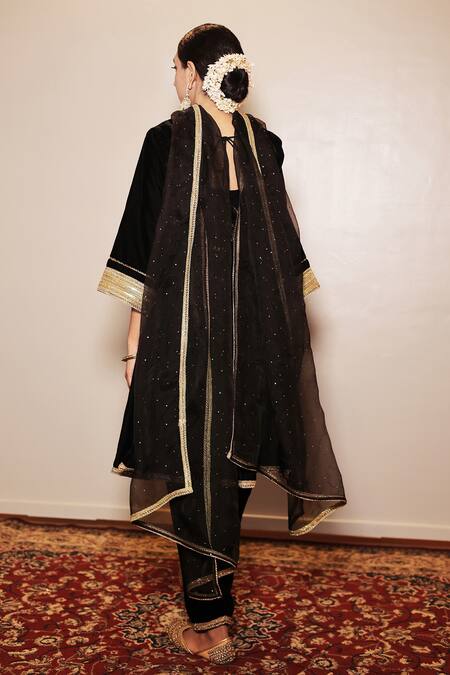 Shop_Shrutkirti_Black Silk, Velvet Embroidery Scoop Neck Zoya Embellished Anarkali Salwar Set _at_Aza_Fashions